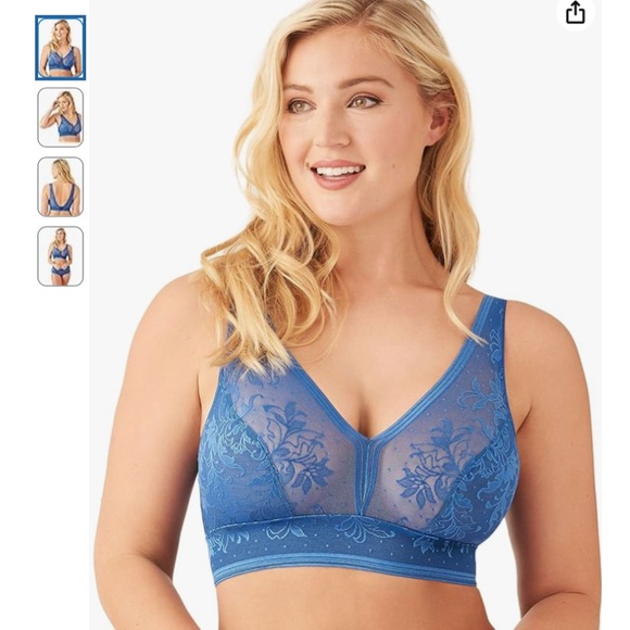 NWT WACOAL Net Effect Wire-Free Bra Cups Blue Floral Lace Bralette Size 32 - Picture 1 of 16